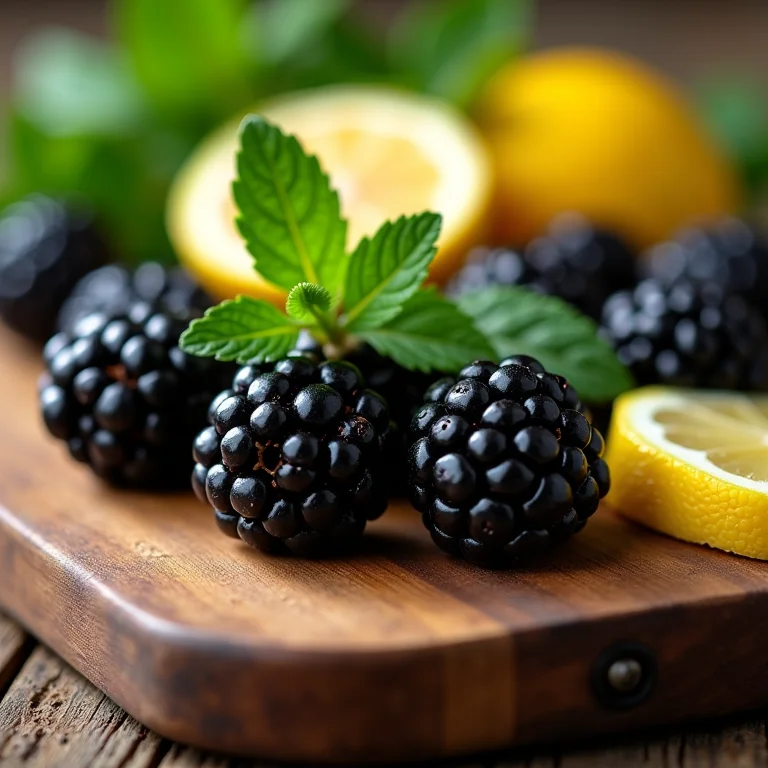 Ingredientes frescos para chá gelado de amora: amoras, hortelã e limão