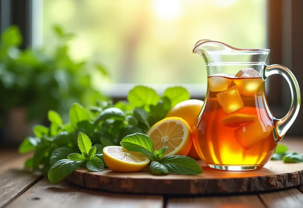Ingredientes frescos para chá gelado feel good em mesa rústica