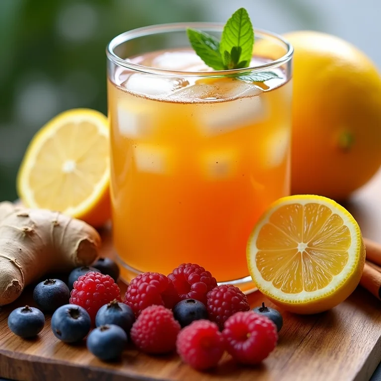 Ingredientes frescos para concentrado de chá gelado: limões, laranjas, frutas vermelhas, gengibre e canela.