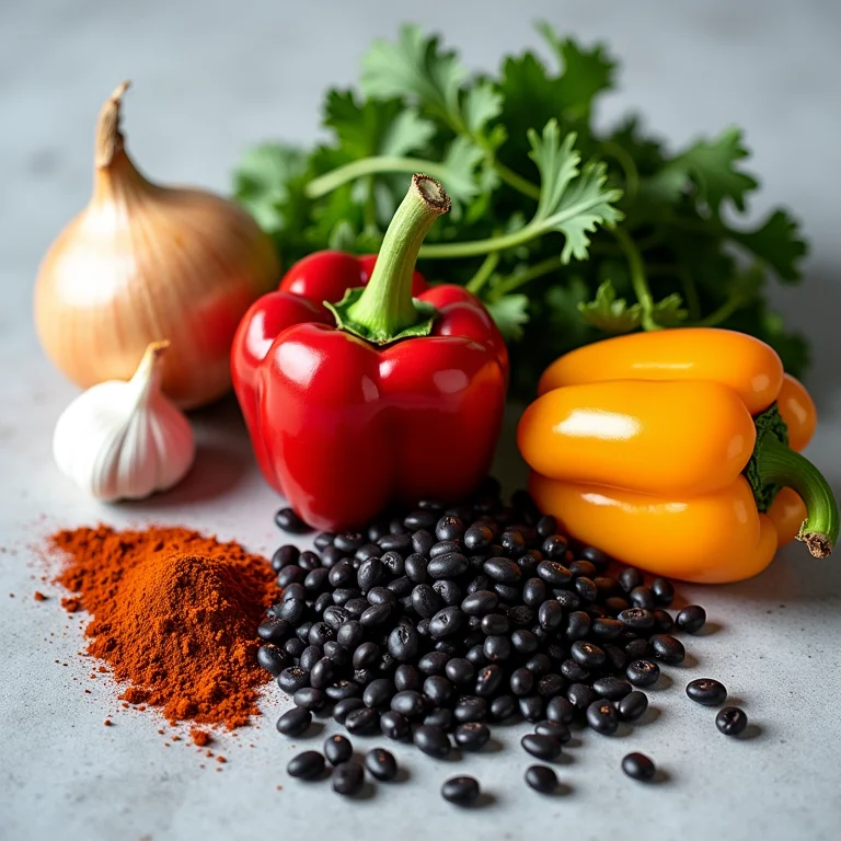 Ingredientes frescos para feijão tropeiro vegetariano: feijão preto, pimentões, cebola, alho, couve e páprica defumada.