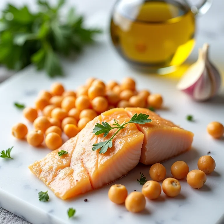 Ingredientes frescos para grão de bico com bacalhau dispostos em bancada de mármore