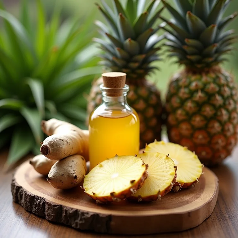 Ingredientes frescos para o chá de abacaxi com gengibre: abacaxi, gengibre e mel