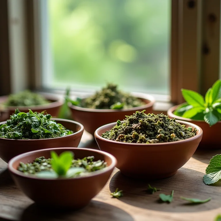 Ingredientes individuais do chá de 7 ervas em pequenas tigelas de cerâmica.