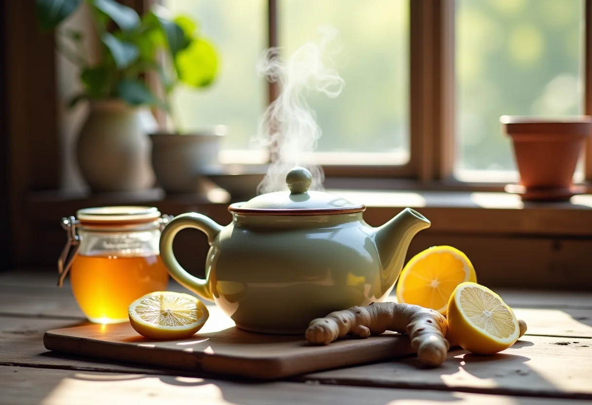 Ingredientes naturais para chá caseiro para rouquidão: gengibre, limão e mel.