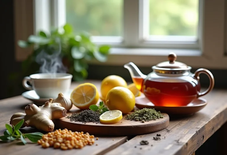 Ingredientes naturais para chá de gripe em mesa de madeira rústica