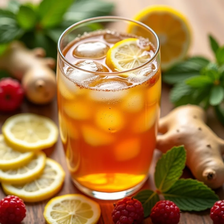 Ingredientes opcionais para chá gelado (limão, gengibre, frutas vermelhas, hortelã).