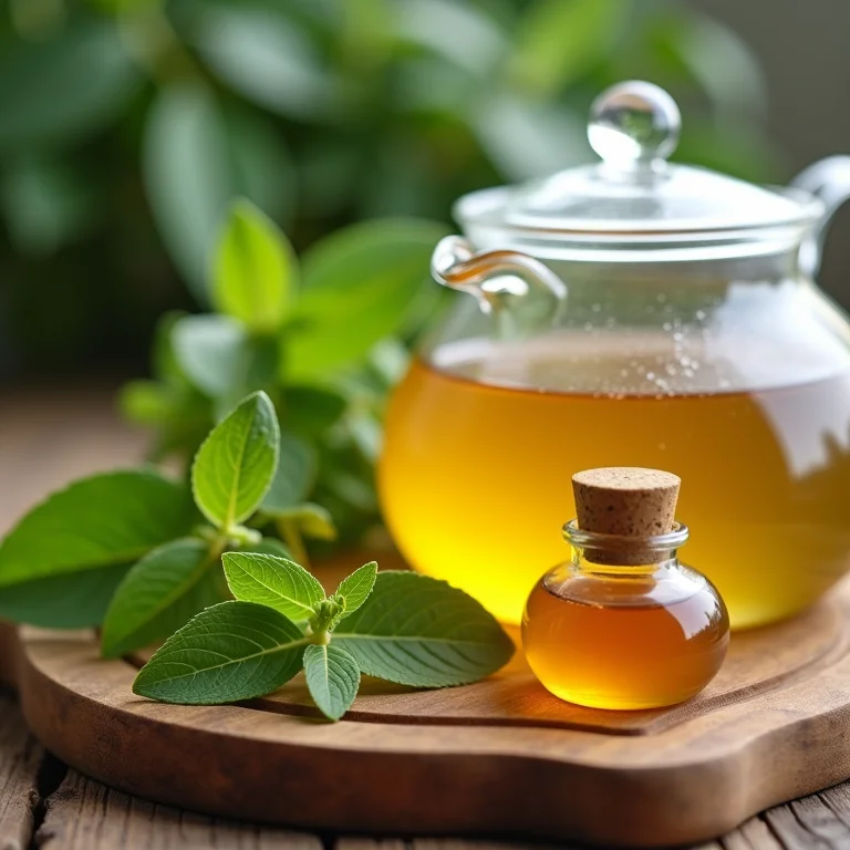 Ingredientes para chá de erva cidreira: folhas frescas, bule de vidro e pote de mel