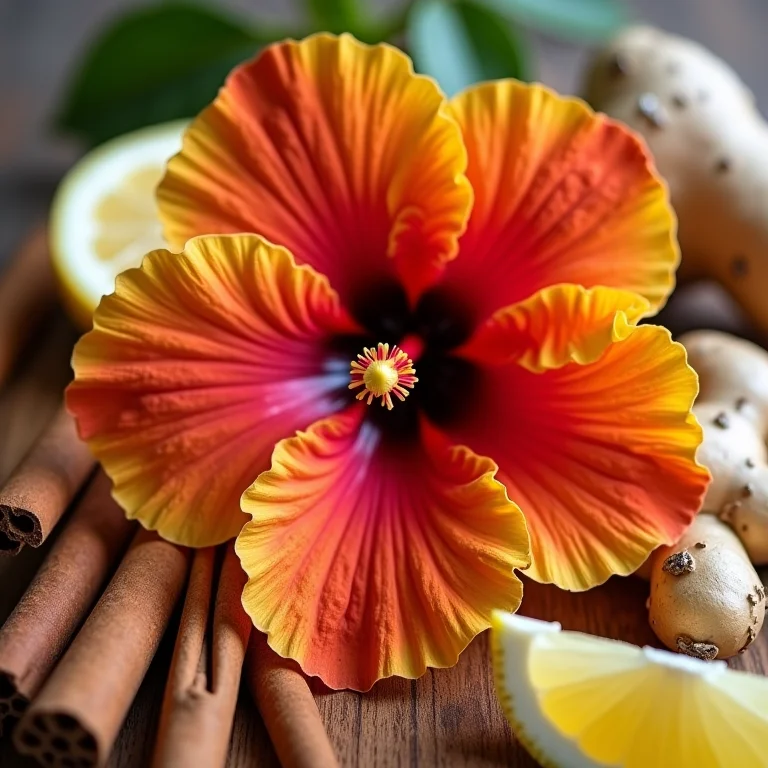 Ingredientes para chá de hibisco: flores secas, canela, gengibre e limão.