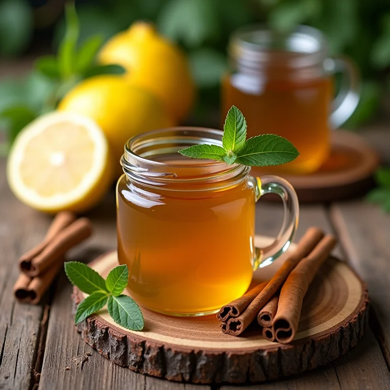 Ingredientes para chá de limão, mel e canela dispostos em mesa de madeira