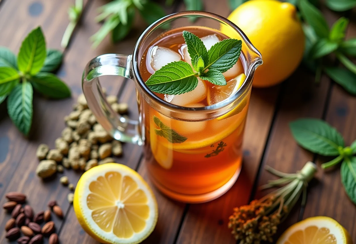 Ingredientes para chá gelado caseiro dispostos em uma mesa de madeira rústica