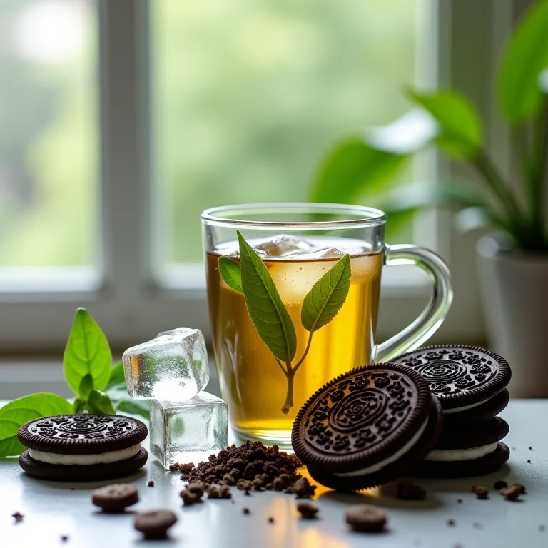Ingredientes para chá gelado com Oreo: folhas de chá, biscoitos e gelo.