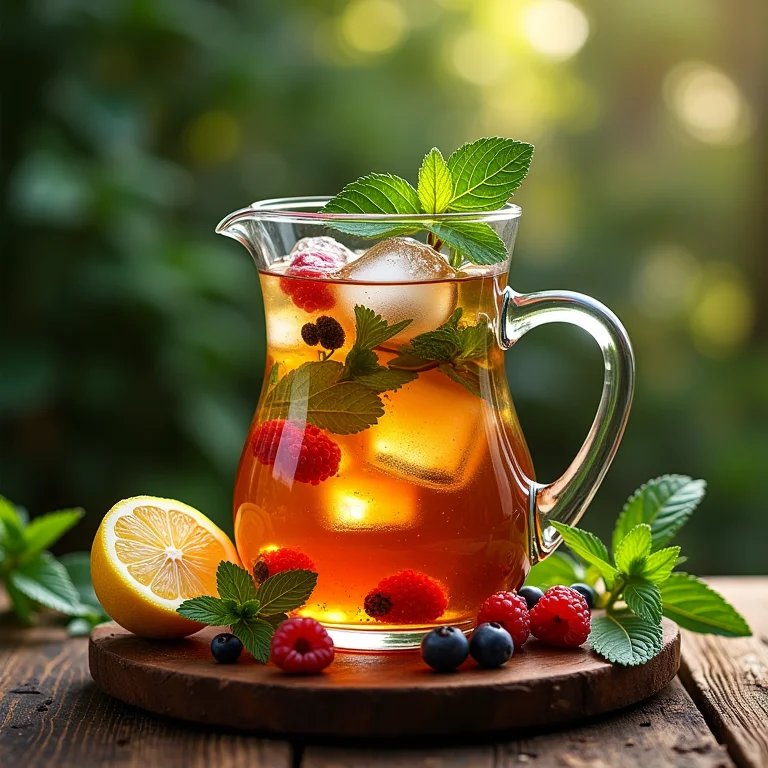 Ingredientes para chá gelado: hortelã, limão, frutas vermelhas e folhas de chá.