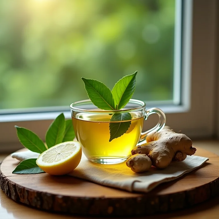 Ingredientes para chá verde com limão e gengibre em tábua de madeira