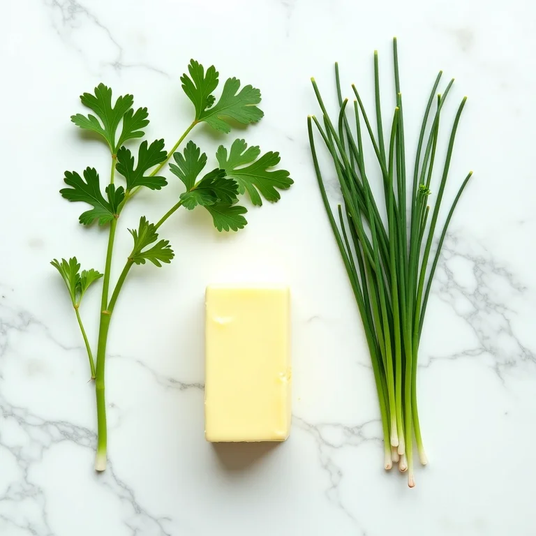 Ingredientes para manteiga de ervas: manteiga e ervas frescas.