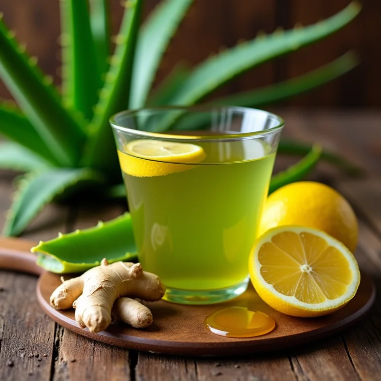 Ingredientes para o chá de babosa: babosa, limão, gengibre e mel.