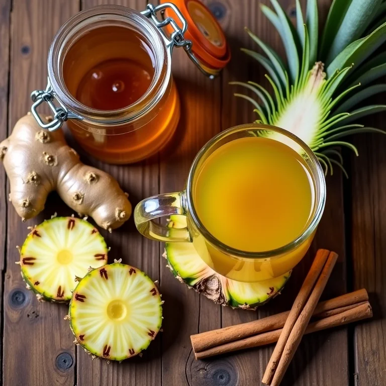 Ingredientes para o chá de casca de abacaxi com gengibre