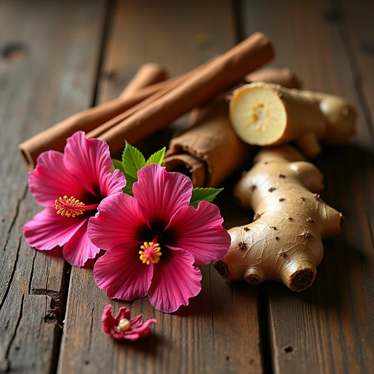 Ingredientes para o chá de cavalinha e hibisco: cavalinha, hibisco, canela e gengibre