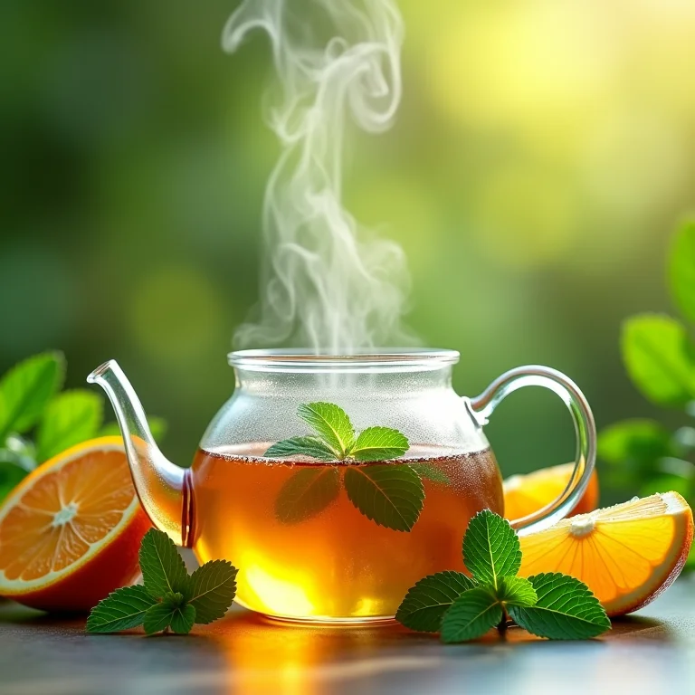 Ingredientes para o chá de hortelã com laranja em processo de infusão.