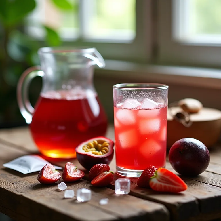 Ingredientes para preparar chá gelado de maracujá e morango