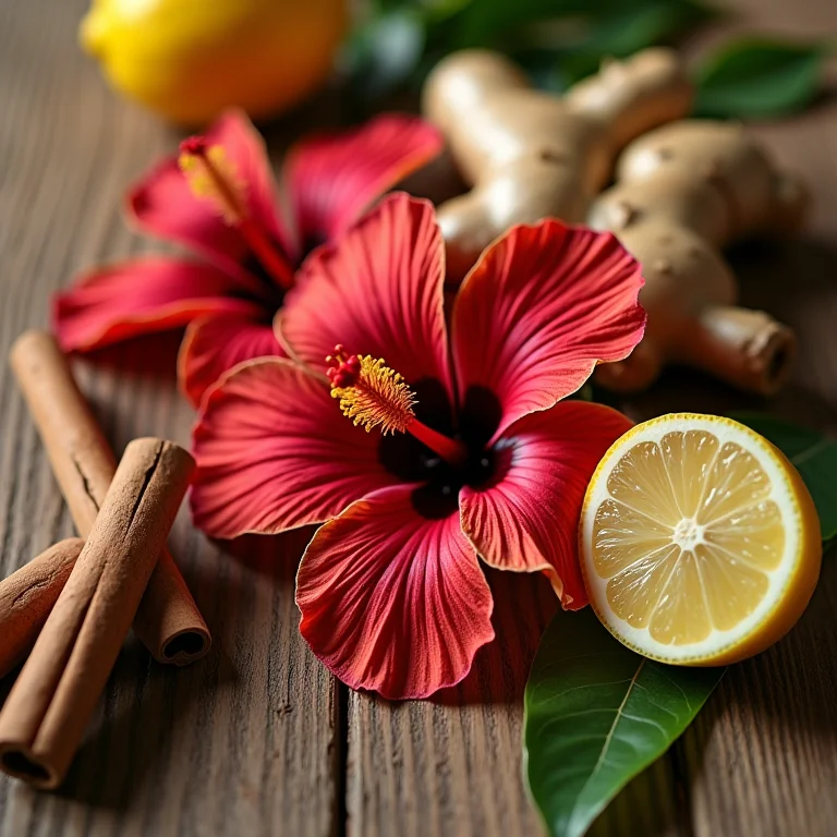 Ingredientes para preparar infusão de hibisco com canela, gengibre e limão.