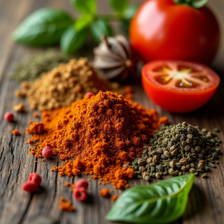 Ingredientes secos e frescos para preparar Bloody Mary de chá, dispostos sobre madeira rústica