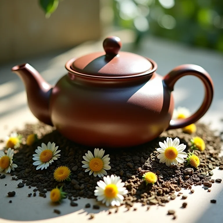 Ingredientes secos para chá ao redor de um bule de cerâmica.