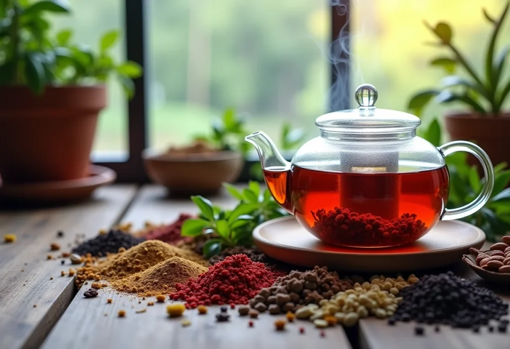 Ingredientes variados para chá espalhados em mesa de madeira rústica com bule de vidro fumegante ao lado de uma janela ensolarada.