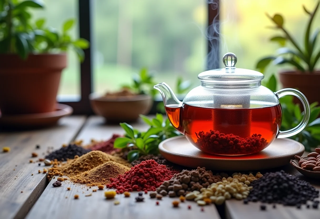 Ingredientes variados para chá espalhados em mesa de madeira rústica com bule de vidro fumegante ao lado de uma janela ensolarada.