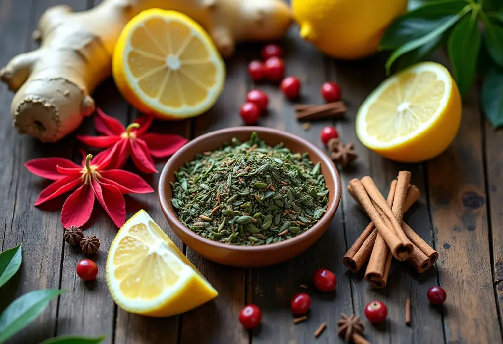 Chá Gelado Zero: O segredo para emagrecer sem abrir mão do sabor Ingredientes variados para chás gelados zero em mesa de madeira rústica