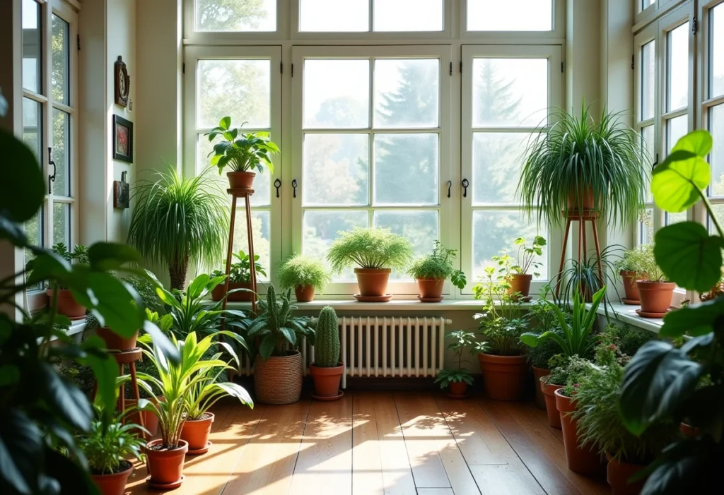 Jardim de Inverno Pequeno: 5 Ideias Incríveis para Transformar sua Casa Jardim de inverno pequeno com diversas plantas em ambiente ensolarado