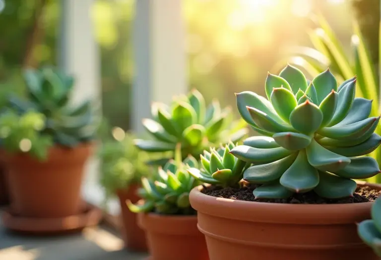 Jardim de suculentas exuberante em vasos de terracota