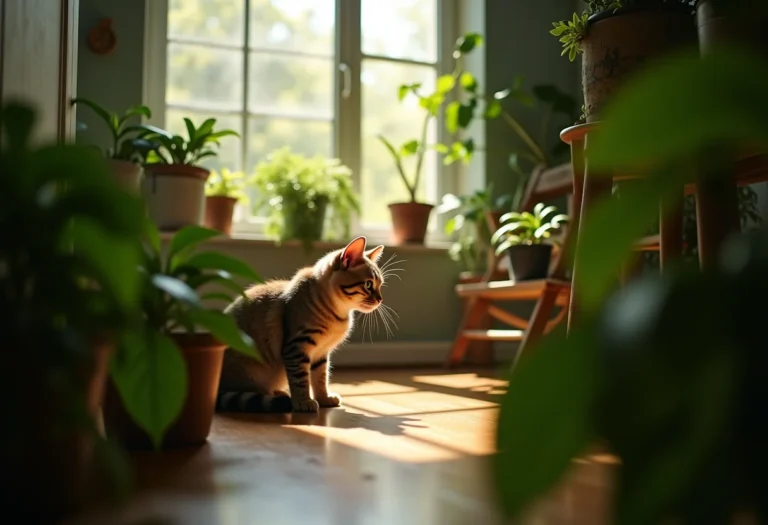 Jardim interno exuberante com um gato explorando entre as plantas