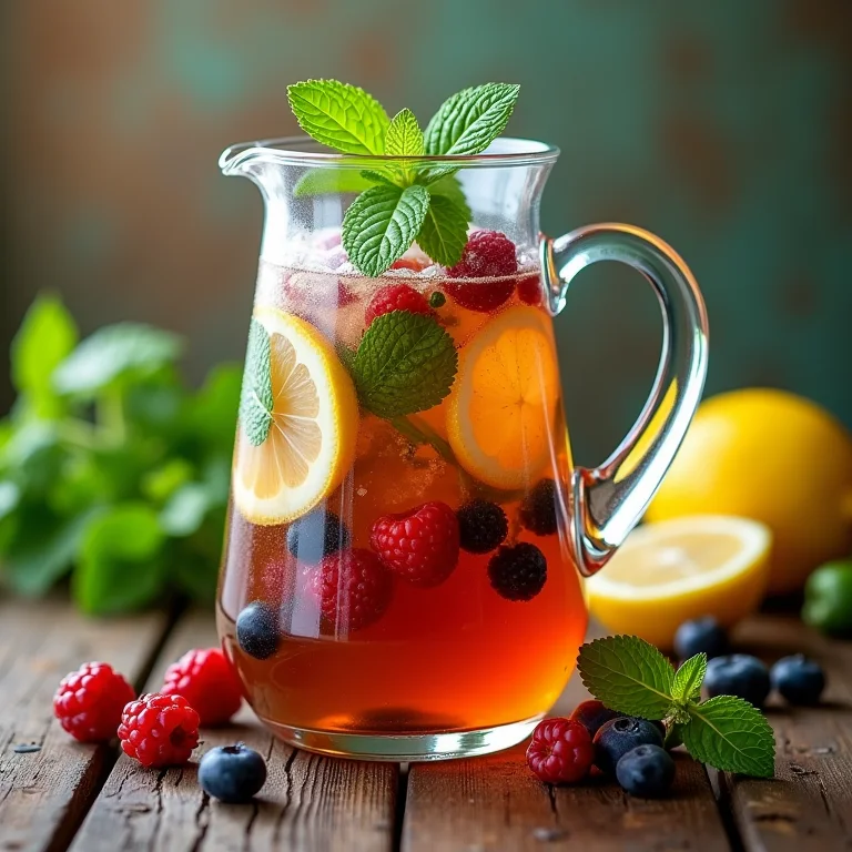 Jarra de chá gelado caseiro com ervas frescas e frutas