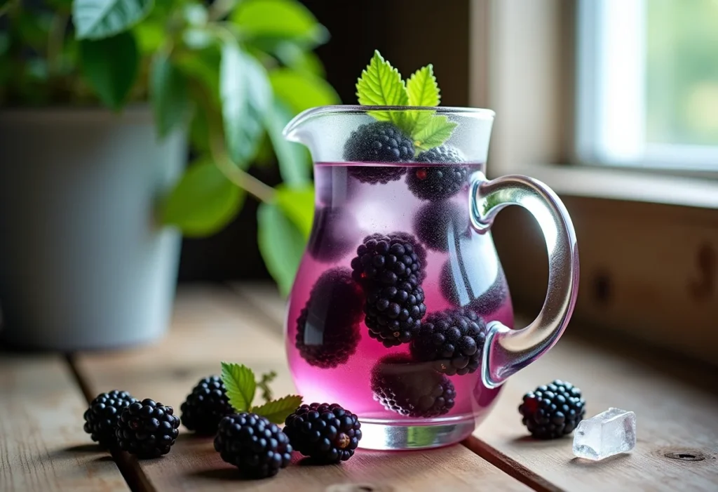 Chá gelado de amora: O truque para o sabor perfeito e refrescante Jarra de chá gelado de amora com amoras frescas e gelo