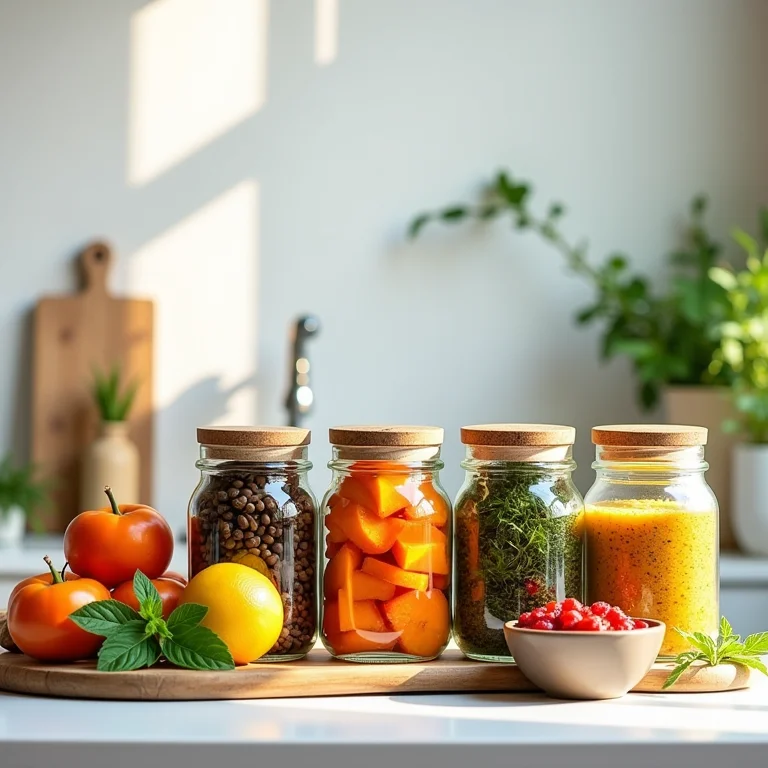 Jarras de vidro com frutas e ervas coloridas em uma cozinha minimalista.