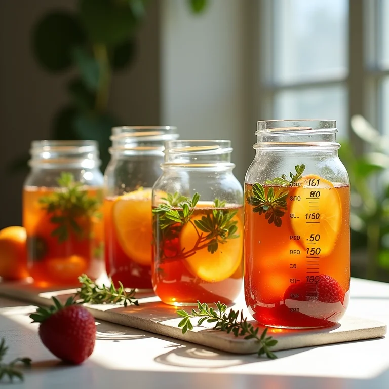 Jarras de vidro com frutas e ervas em infusão com um timer mostrando diferentes tempos.