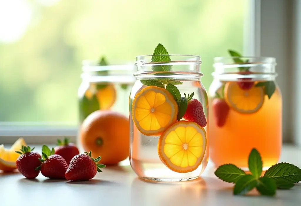 Jarras de vidro com frutas e ervas em infusão, luz natural suave.