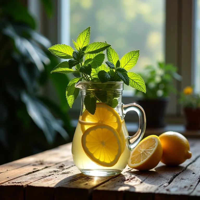 Jarro de vidro com folhas de hortelã e fatias de limão