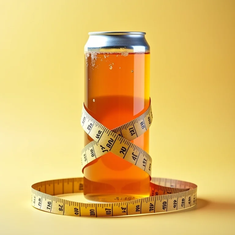 Lata de chá gelado com fita métrica, representando impacto no metabolismo