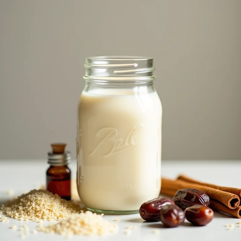 Leite de arroz caseiro com ingredientes para diferentes sabores.