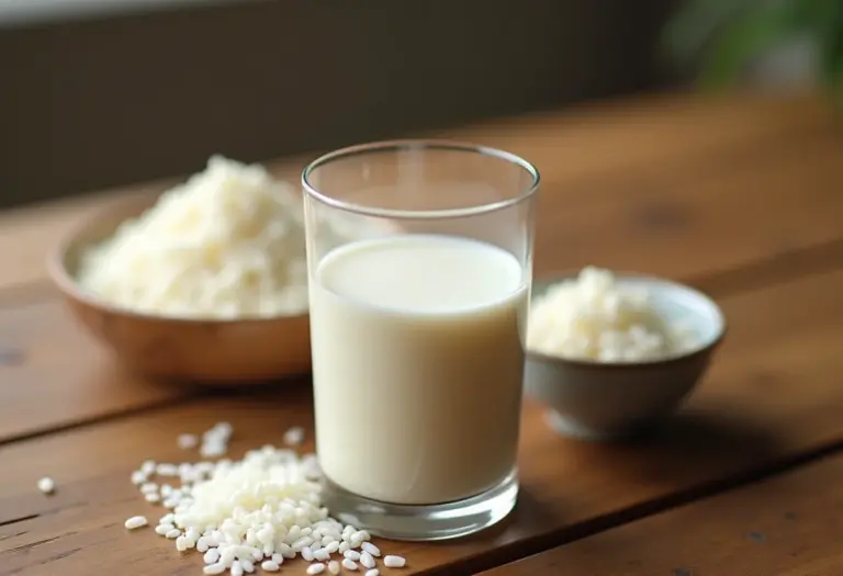 Leite de arroz caseiro em copo com arroz cozido e cru ao lado.