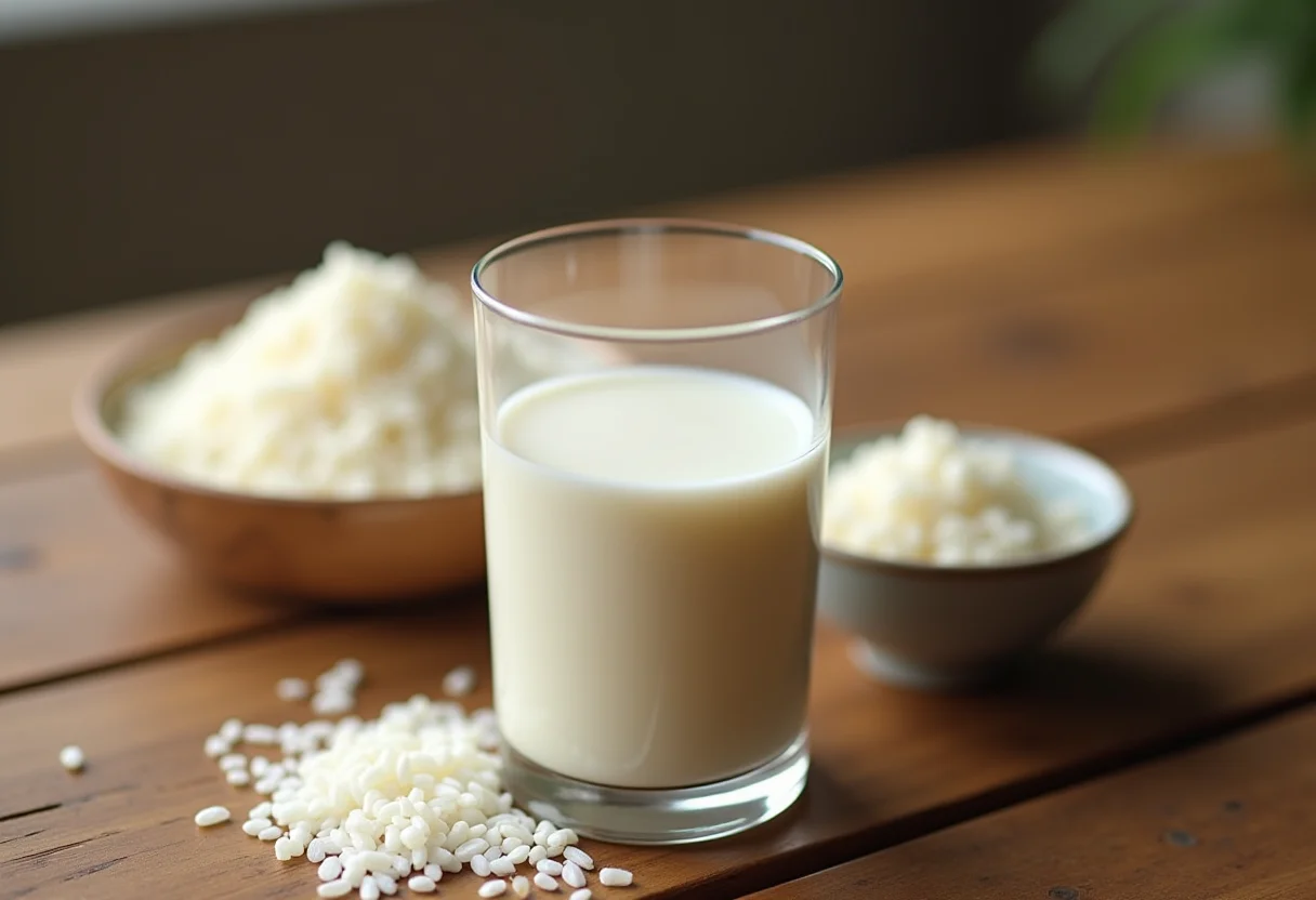 Leite de arroz caseiro em copo com arroz cozido e cru ao lado.