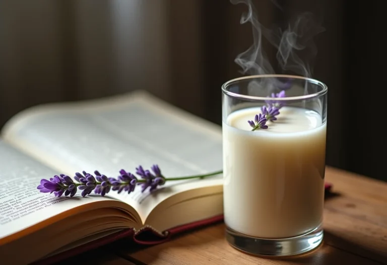 Leite lunar em copo fumegante ao lado de livro aberto.