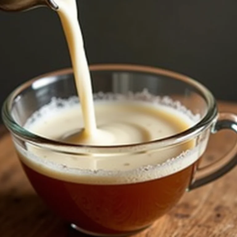 Leite sendo misturado ao chá em uma tigela de vidro, criando uma textura cremosa.