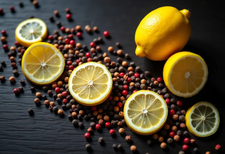 Lemon pepper fresco em uma tábua de madeira escura