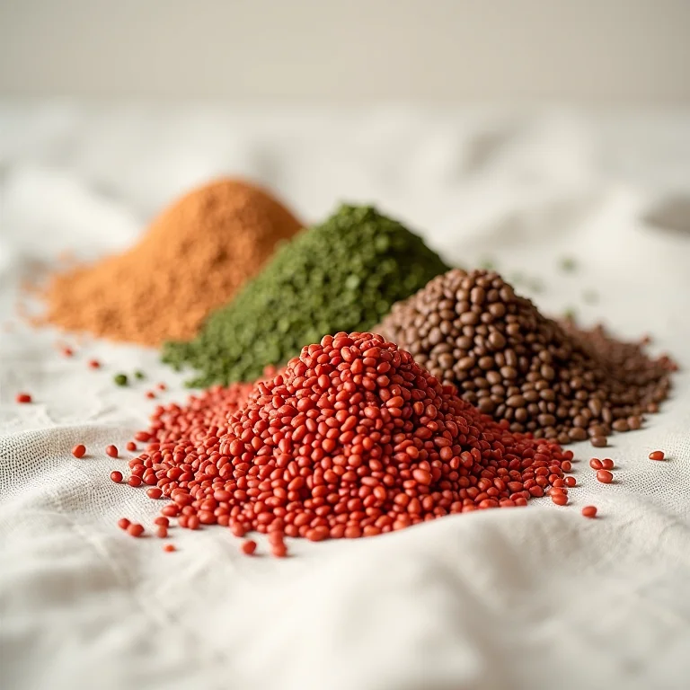 Lentilhas secas de diferentes cores empilhadas em tecido de linho.