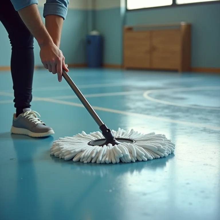 Limpando o piso de borracha da academia
