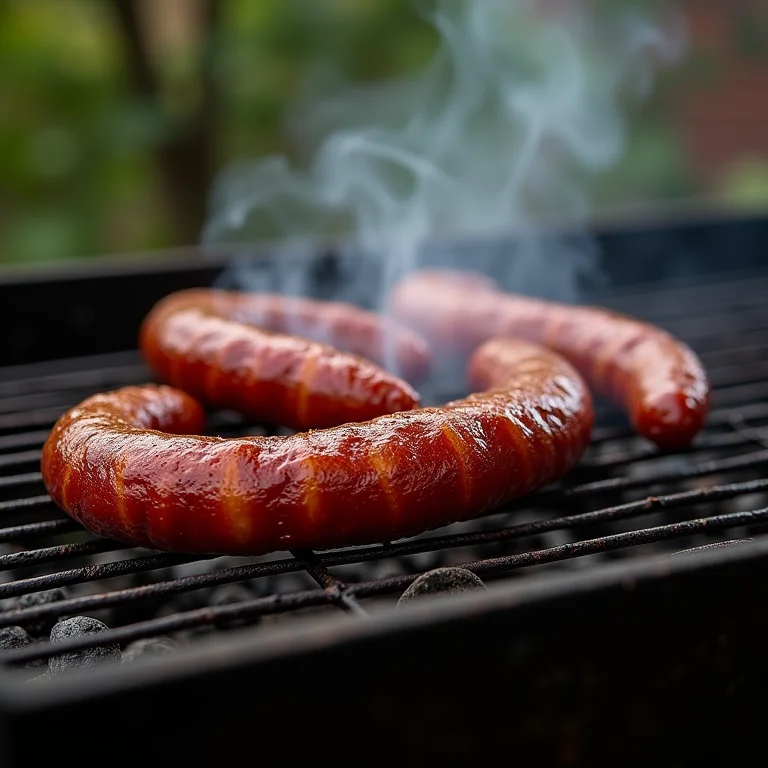 Linguiça artesanal sendo grelhada no carvão.