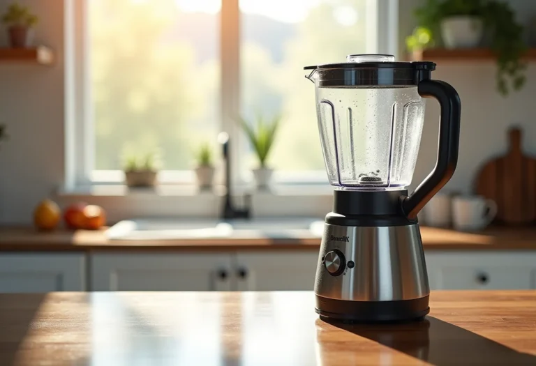 Liquidificador de inox brilhando com gotas de água.