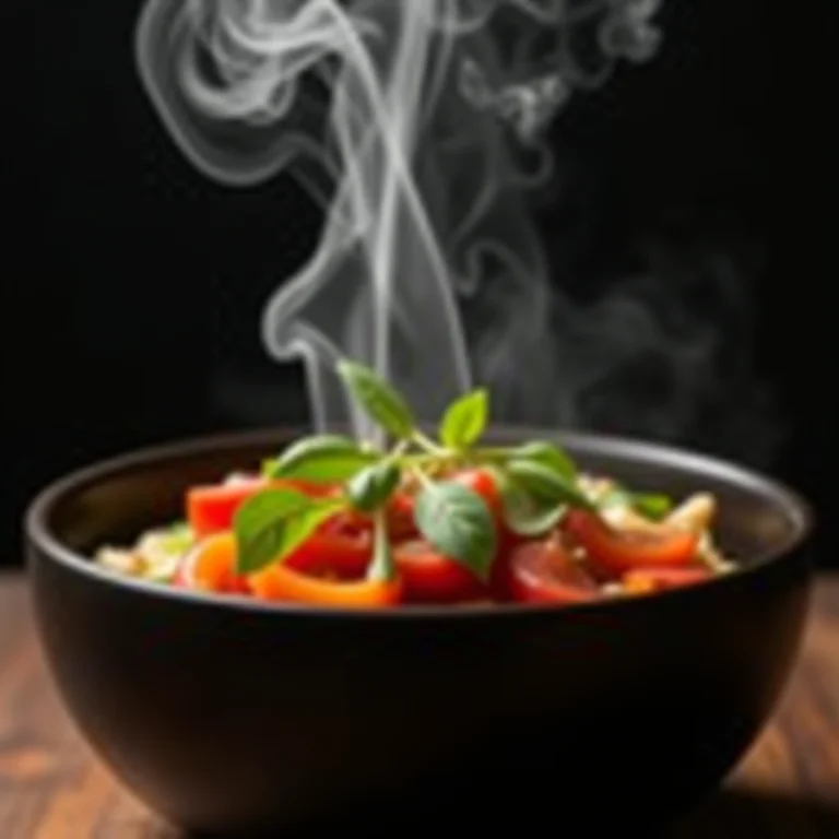 Líquido defumado realçando ingredientes vegetarianos.